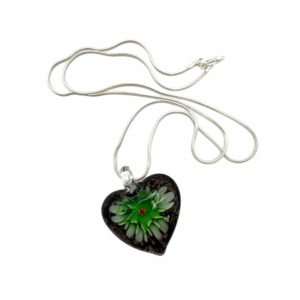 Murano Style Lampwork Glass Heart Pendant Necklace Green Flower Gold Flecks